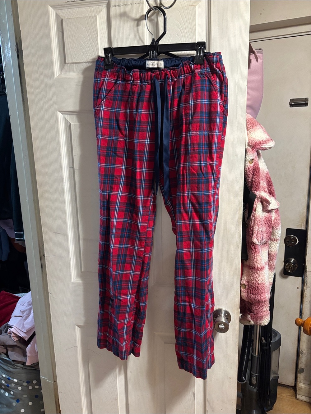 Abercrombie & Fitch Red Plaid Lounge Pajama Pants with Navy Drawstring